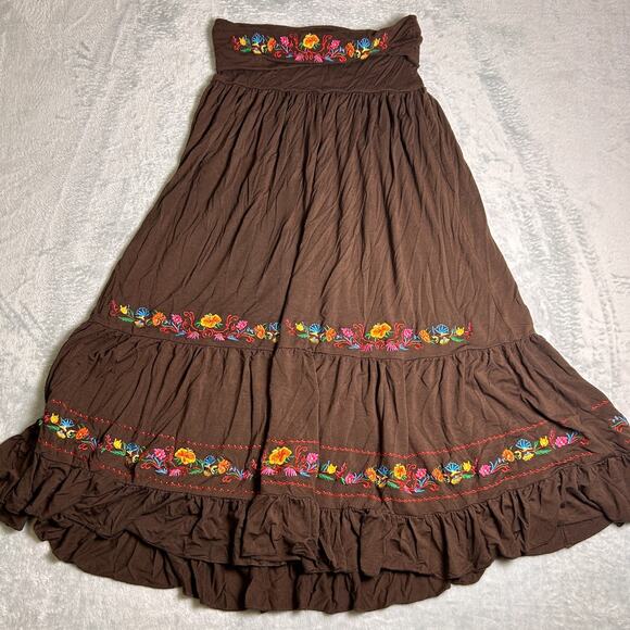 Vintage 90s Lapis Embroidered Sleeveless Boho Midi Dress Womens L Brown Foldover - Picture 4 of 7